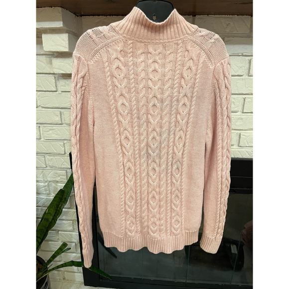 L.L. Bean Pink Cable Knit Zip up Cardigan Sweater **SZ Large** - Picture 2 of 3